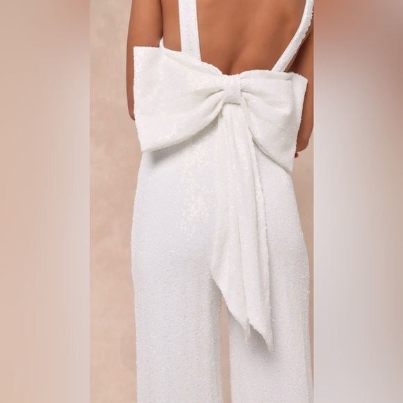 Lulu's White Sequin Jumpsuit with Giant Bow - Picture 3 of 6